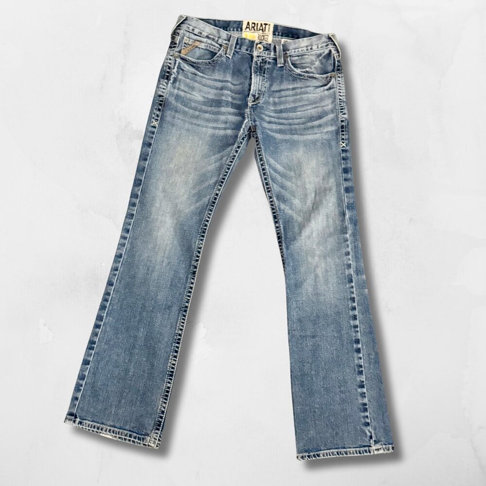 Ariat M7 Rocker Boot Cut Jeans Men 35x34 Light Wash Thrashed AS-IS Crotch Rip